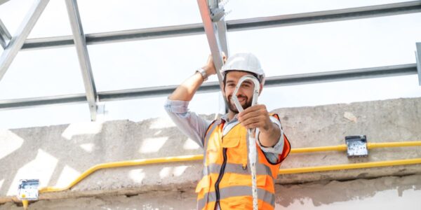 a-roofer-showing-the-safety-harness-he-uses-on-commercial-roofing-jobs